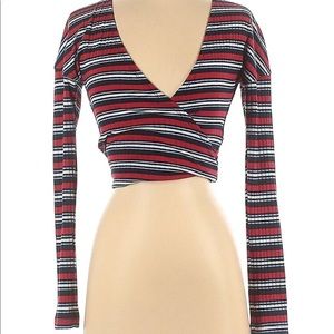 Free People womens wrap tie cropped top, striped ribbed Long Sleeves Red Blue XS